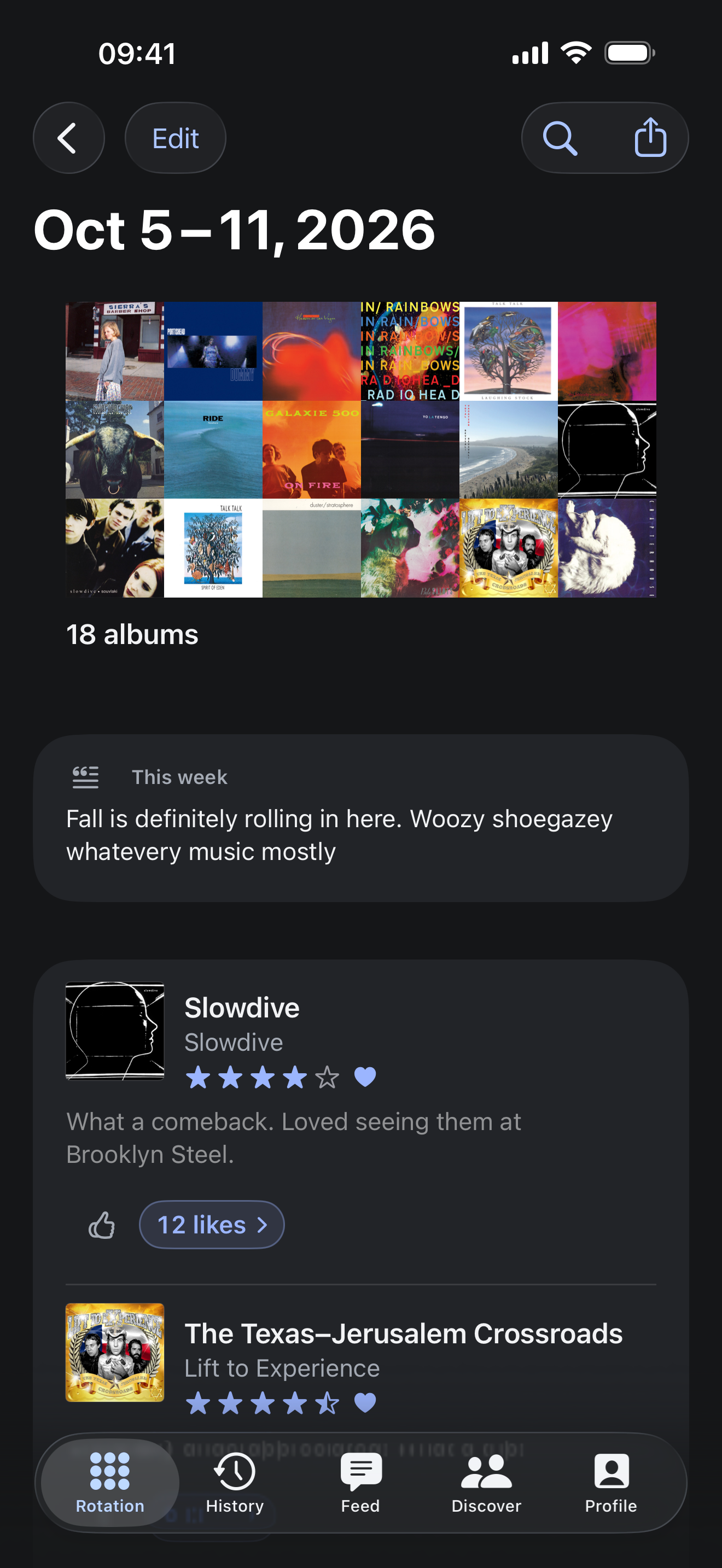 An 18-album Rotation with its cover collage, a weekly note, and Slowdive logged with a rating, a heart, a note, and likes.