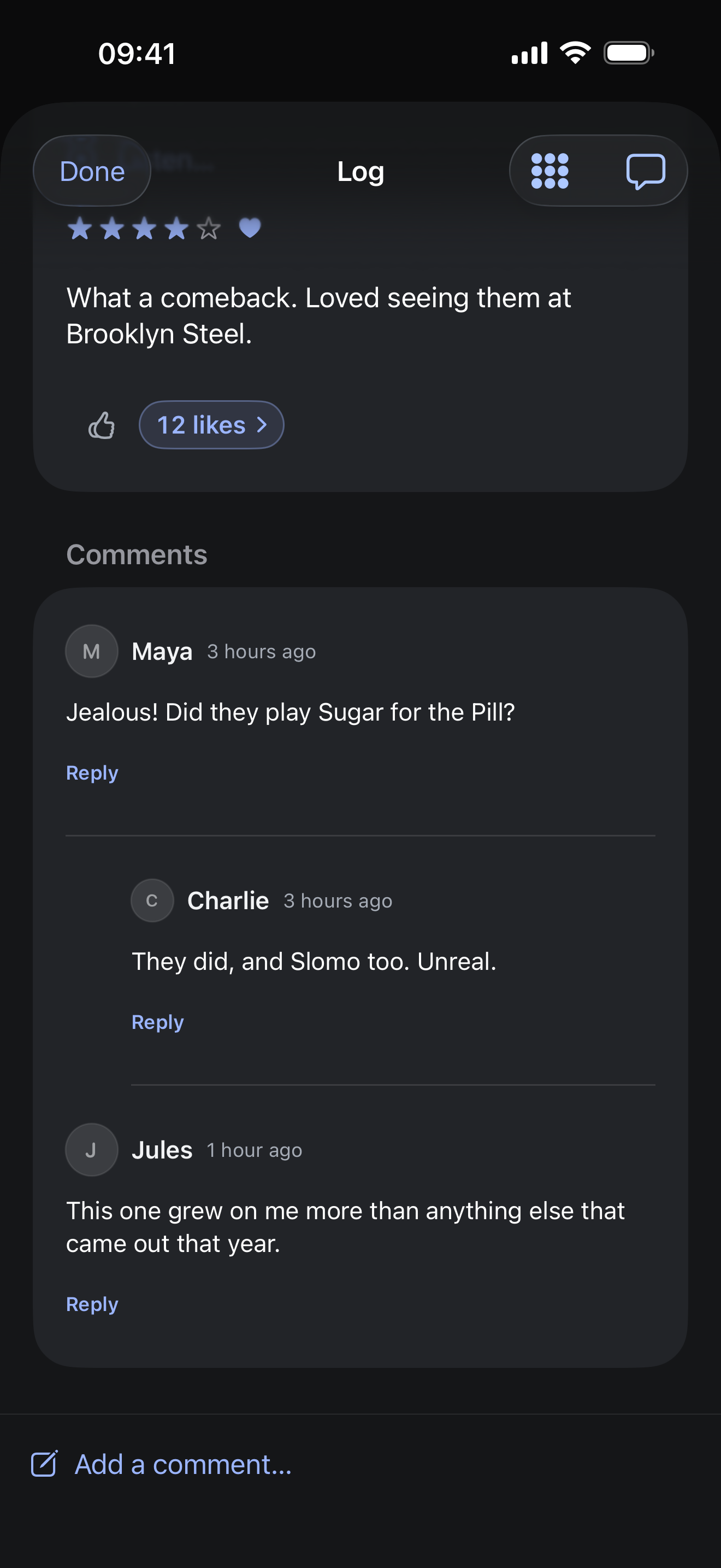 A Slowdive log in Rotation with its note, twelve likes, and comments from Maya, Charlie, and Jules.