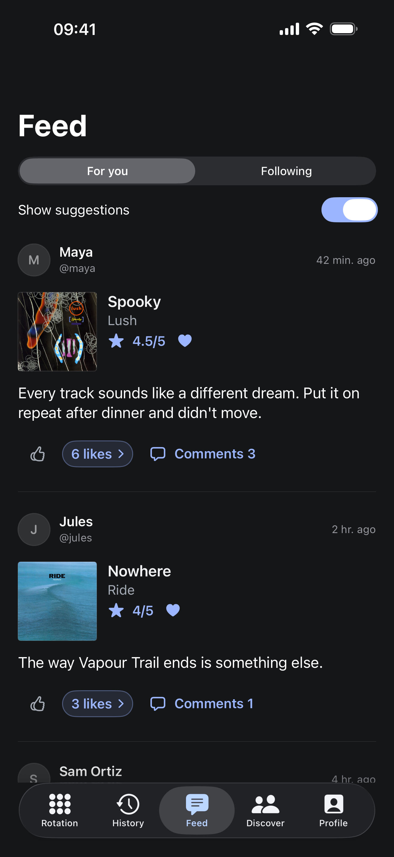 Rotation’s feed with logs from other listeners, including notes, ratings, hearts, likes, and comment counts.